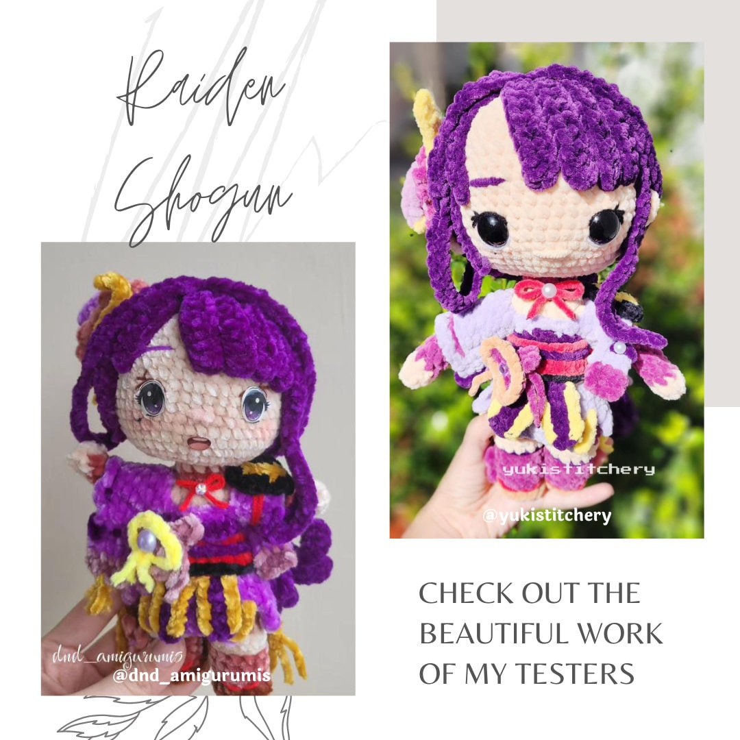 Crochet PDF Pattern: "RAIDEN SHOGUN" Chibi Amigurumi (English, Spanish and Portuguese)