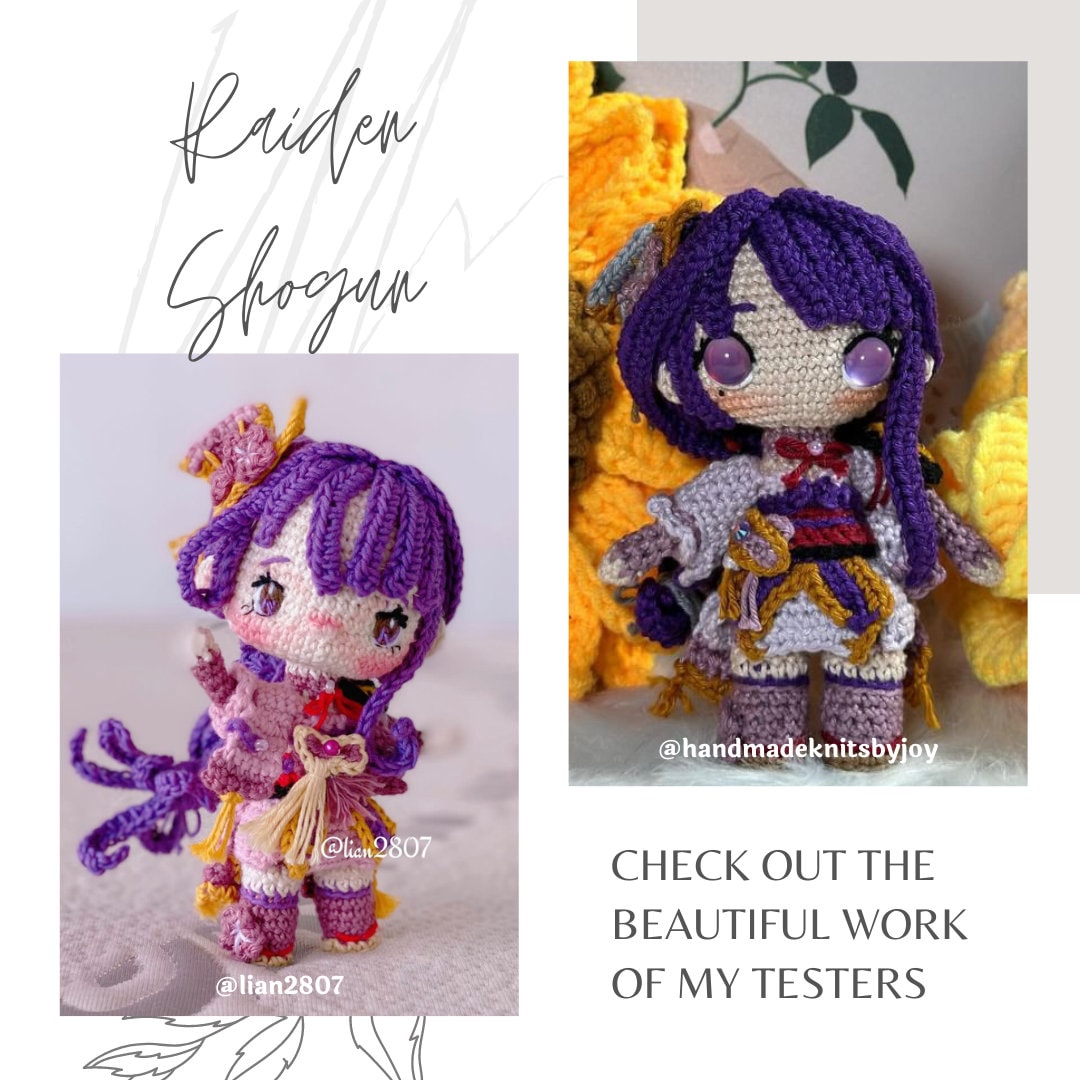 Crochet PDF Pattern: "RAIDEN SHOGUN" Chibi Amigurumi (English, Spanish and Portuguese)